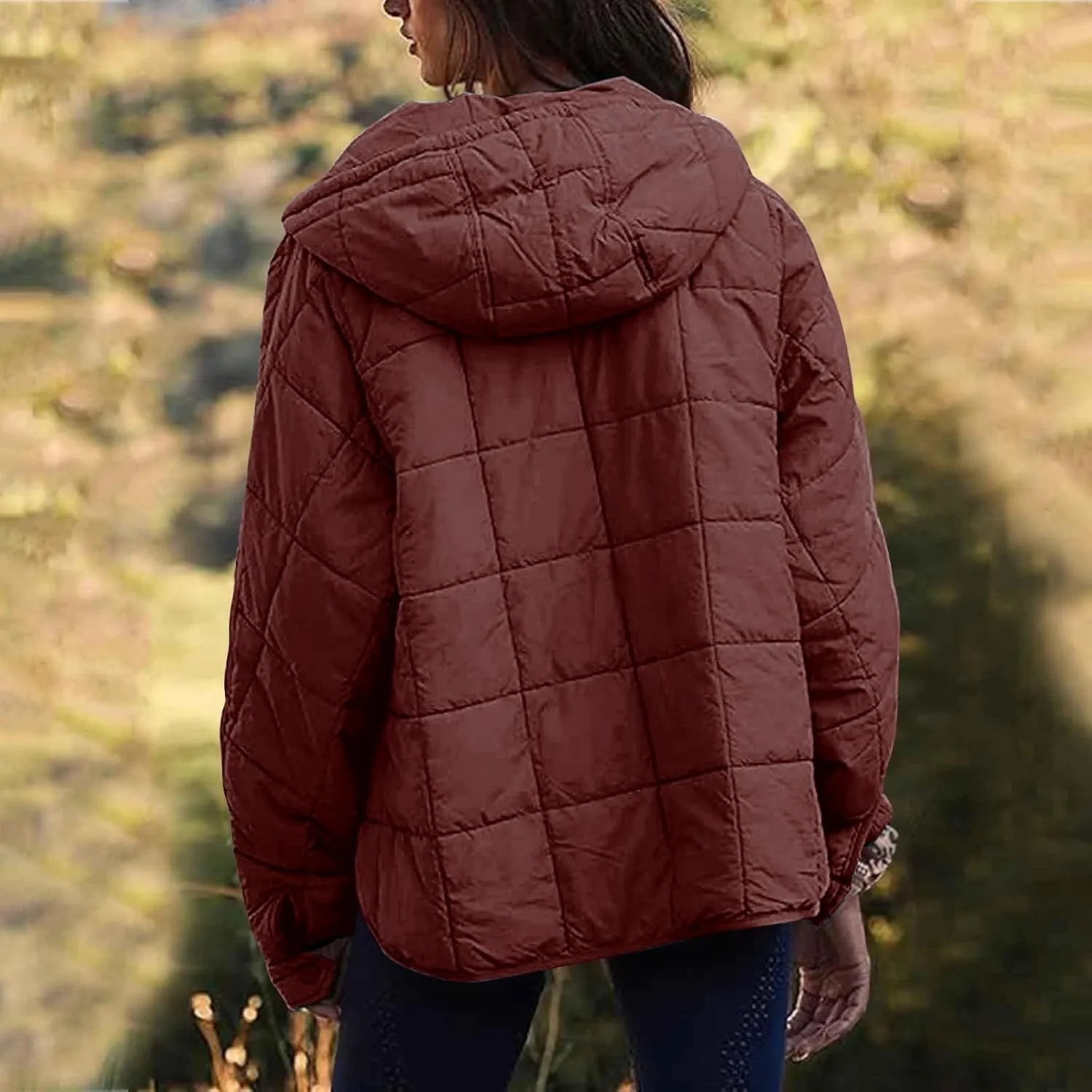 Women's Quilted Pullover Puffer Jacket Lightweight Button Long Sleeve Coat Oversized Packable Hooded Jacket Tops