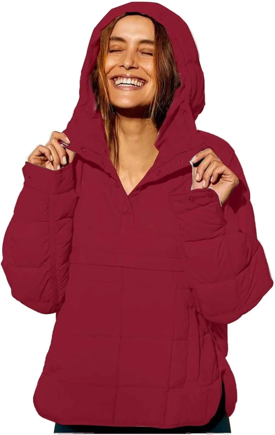 Women's Quilted Pullover Puffer Jacket Lightweight Button Long Sleeve Coat Oversized Packable Hooded Jacket Tops