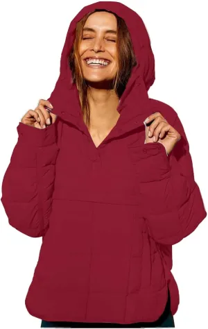 Women's Quilted Pullover Puffer Jacket Lightweight Button Long Sleeve Coat Oversized Packable Hooded Jacket Tops