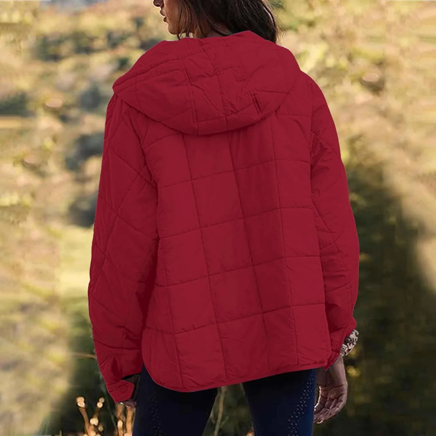 Women's Quilted Pullover Puffer Jacket Lightweight Button Long Sleeve Coat Oversized Packable Hooded Jacket Tops
