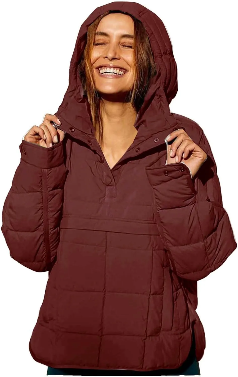 Women's Quilted Pullover Puffer Jacket Lightweight Button Long Sleeve Coat Oversized Packable Hooded Jacket Tops
