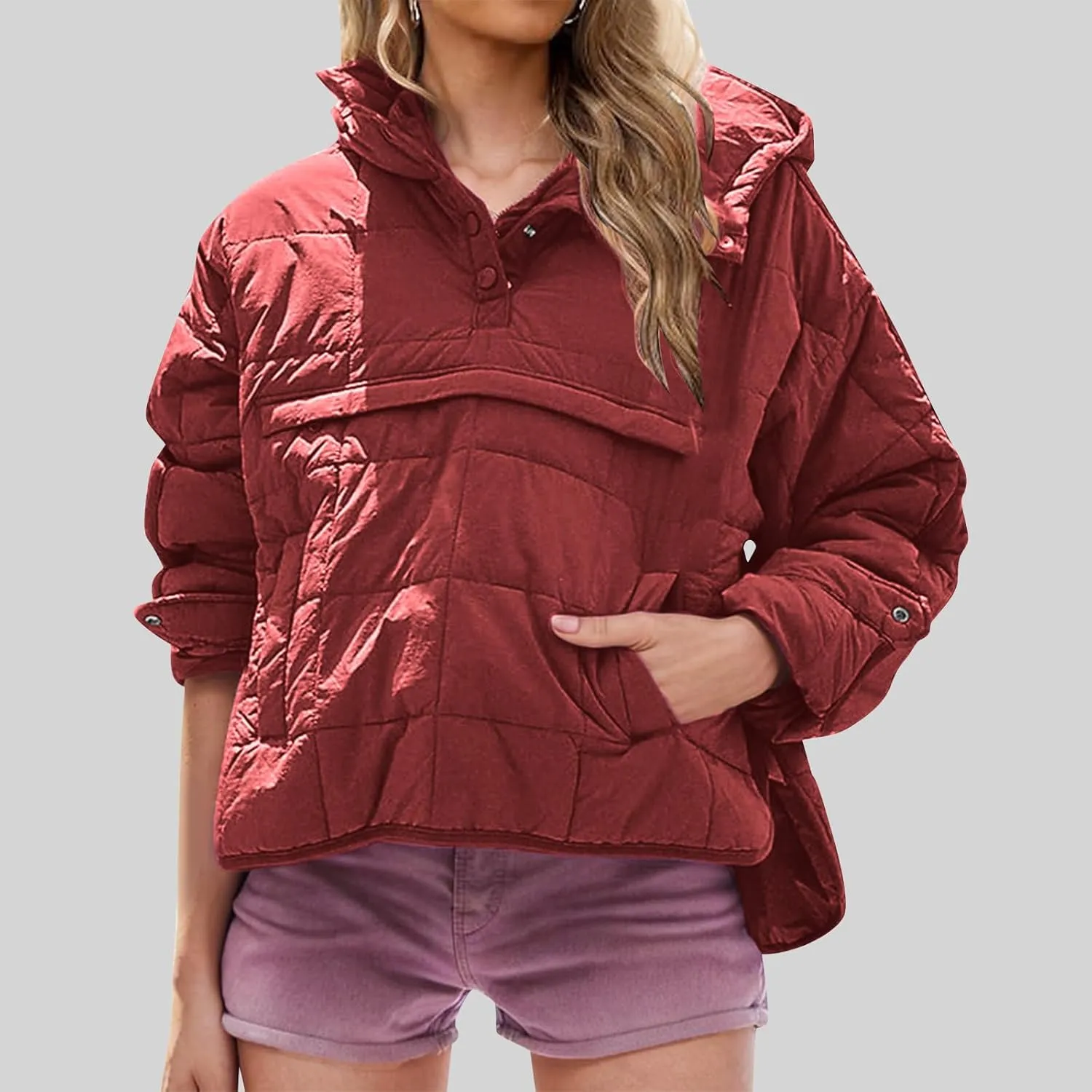 Women's Quilted Pullover Puffer Jackets Lightweight Button Outwear Winter Warm Oversized Packable Hooded Coat Tops