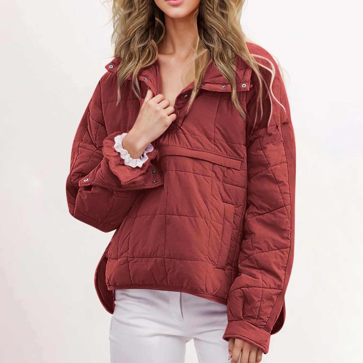 Women's Quilted Pullover Puffer Jackets Lightweight Button Outwear Winter Warm Oversized Packable Hooded Coat Tops