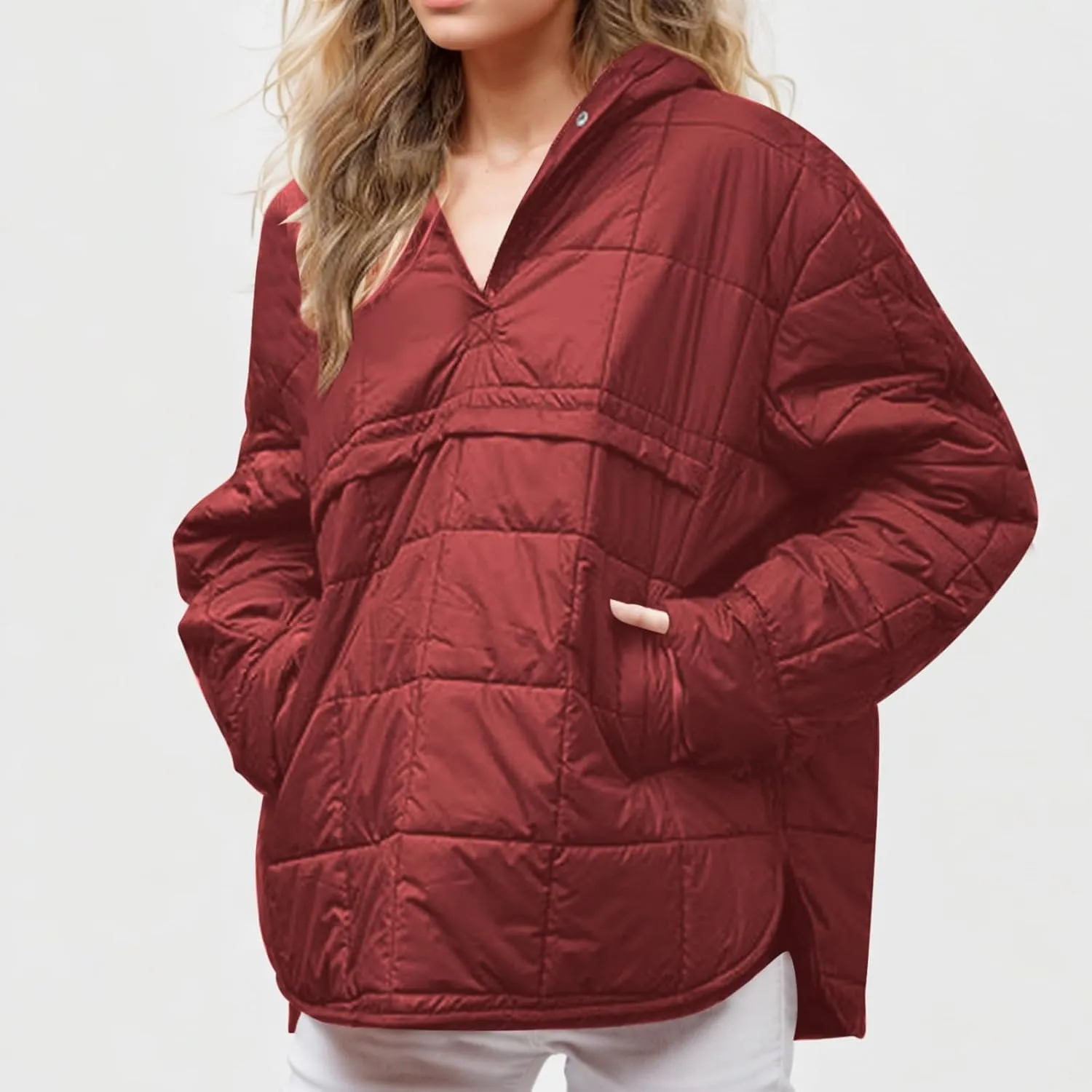 Women's Quilted Pullover Puffer Jackets Lightweight Button Outwear Winter Warm Oversized Packable Hooded Coat Tops