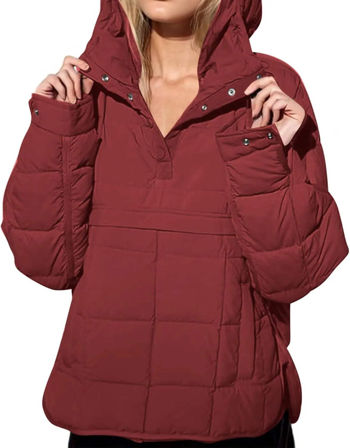 Women's Quilted Pullover Puffer Jackets Lightweight Button Outwear Winter Warm Oversized Packable Hooded Coat Tops