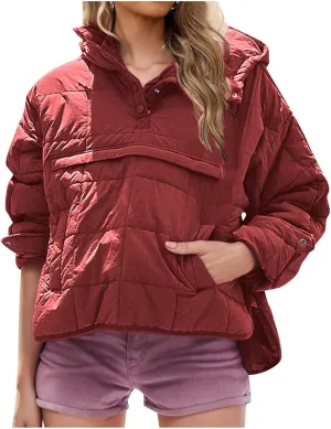 Women's Quilted Pullover Puffer Jackets Lightweight Button Outwear Winter Warm Oversized Packable Hooded Coat Tops