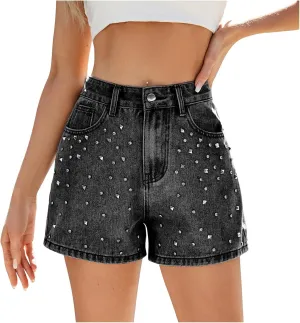 Women's Rhinestone Denim Shorts High Waisted Casual Beaded Jean Shorts Y2k Streetwear Summer Club Party Short Jeans