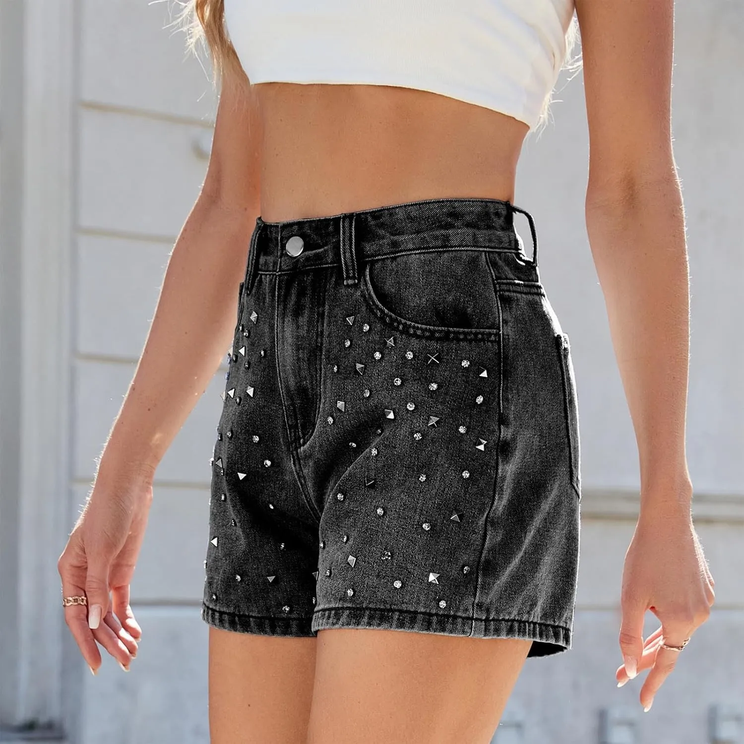 Women's Rhinestone Denim Shorts High Waisted Casual Beaded Jean Shorts Y2k Streetwear Summer Club Party Short Jeans