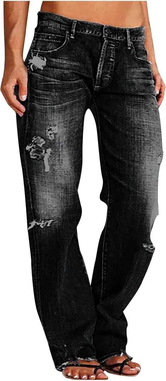 Womens Ripped Jeans Straight Leg Distressed Denim Pants High Waisted Stretch Destroyed Boyfriend Jeans with Pockets