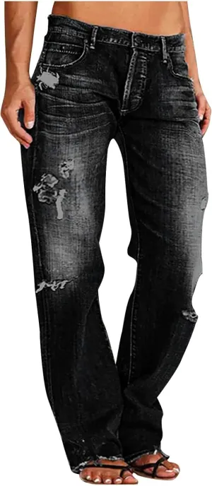 Womens Ripped Jeans Straight Leg Distressed Denim Pants High Waisted Stretch Destroyed Boyfriend Jeans with Pockets