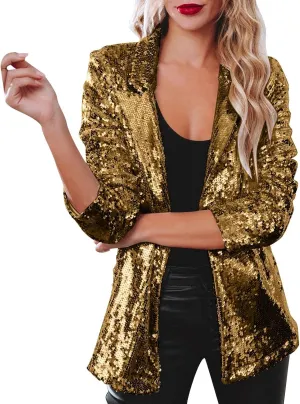 Women's Sequin Jacket Shiny Open Front Glitter Blazer Evening Party Sparkly Long Sleeve Slim Cardigan Coat