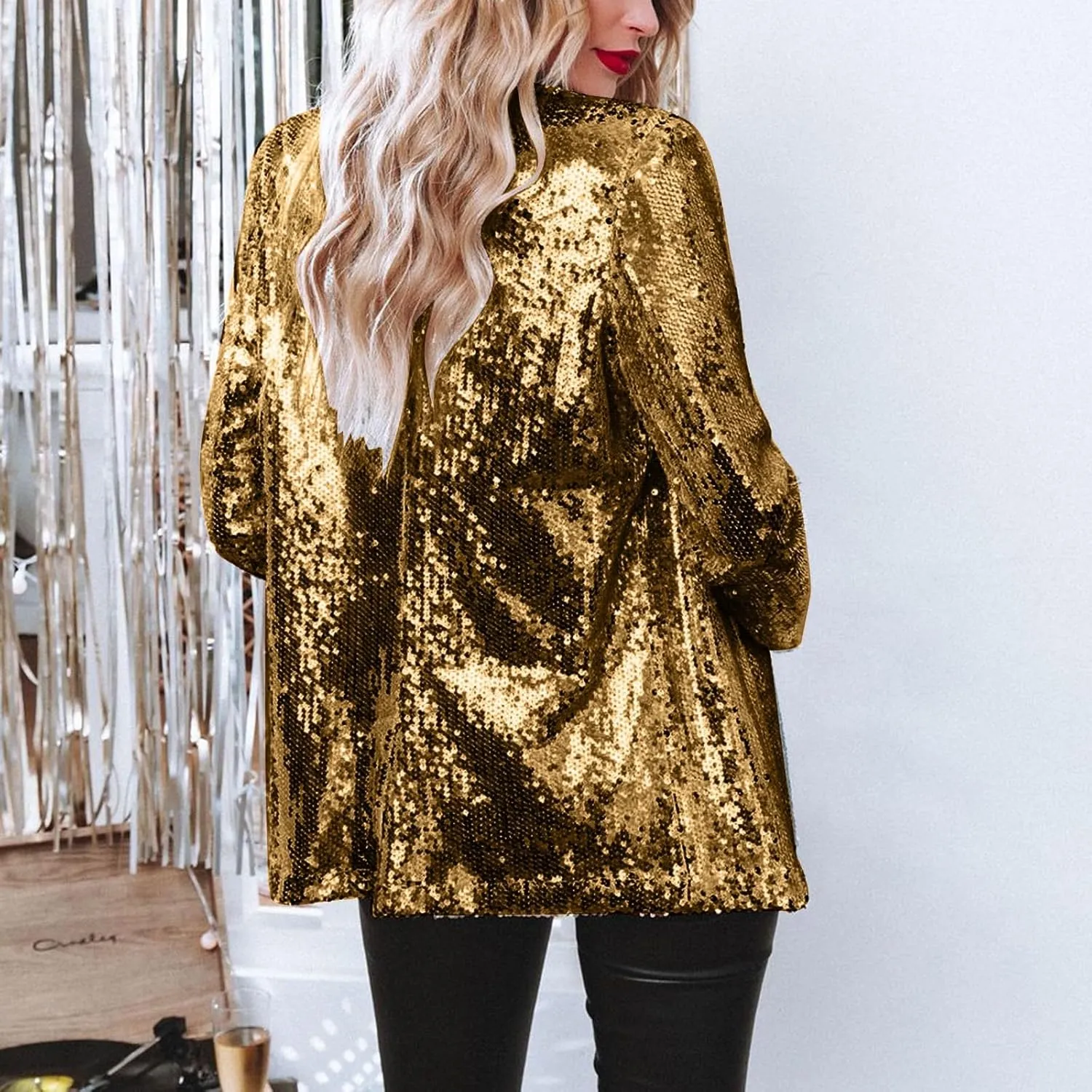 Women's Sequin Jacket Shiny Open Front Glitter Blazer Evening Party Sparkly Long Sleeve Slim Cardigan Coat