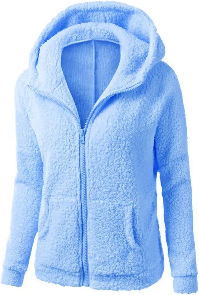 Womens Sherpa Jacket Fuzzy Plus Size Zip Up Hoodie Soft Comfy Fleece Lined Winter Coat with Pockets Warm Outerwear