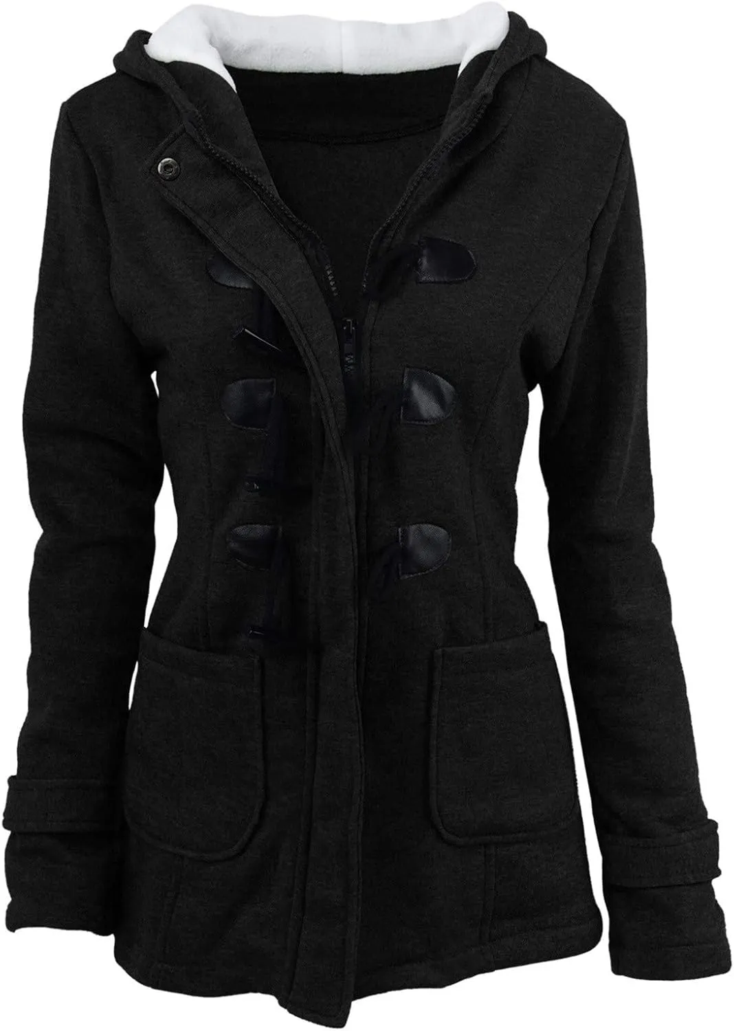 Womens Sherpa Lined Jacket Fashion Horn Button Fleece Thicken Parka Coat with Hood Winter Outdoor Warm Puffer Down