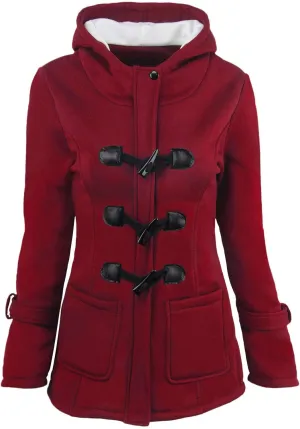 Womens Sherpa Lined Jacket Fashion Horn Button Fleece Thicken Parka Coat with Hood Winter Outdoor Warm Puffer Down