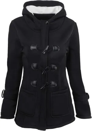 Womens Sherpa Lined Jacket Fashion Horn Button Fleece Thicken Parka Coat with Hood Winter Outdoor Warm Puffer Down