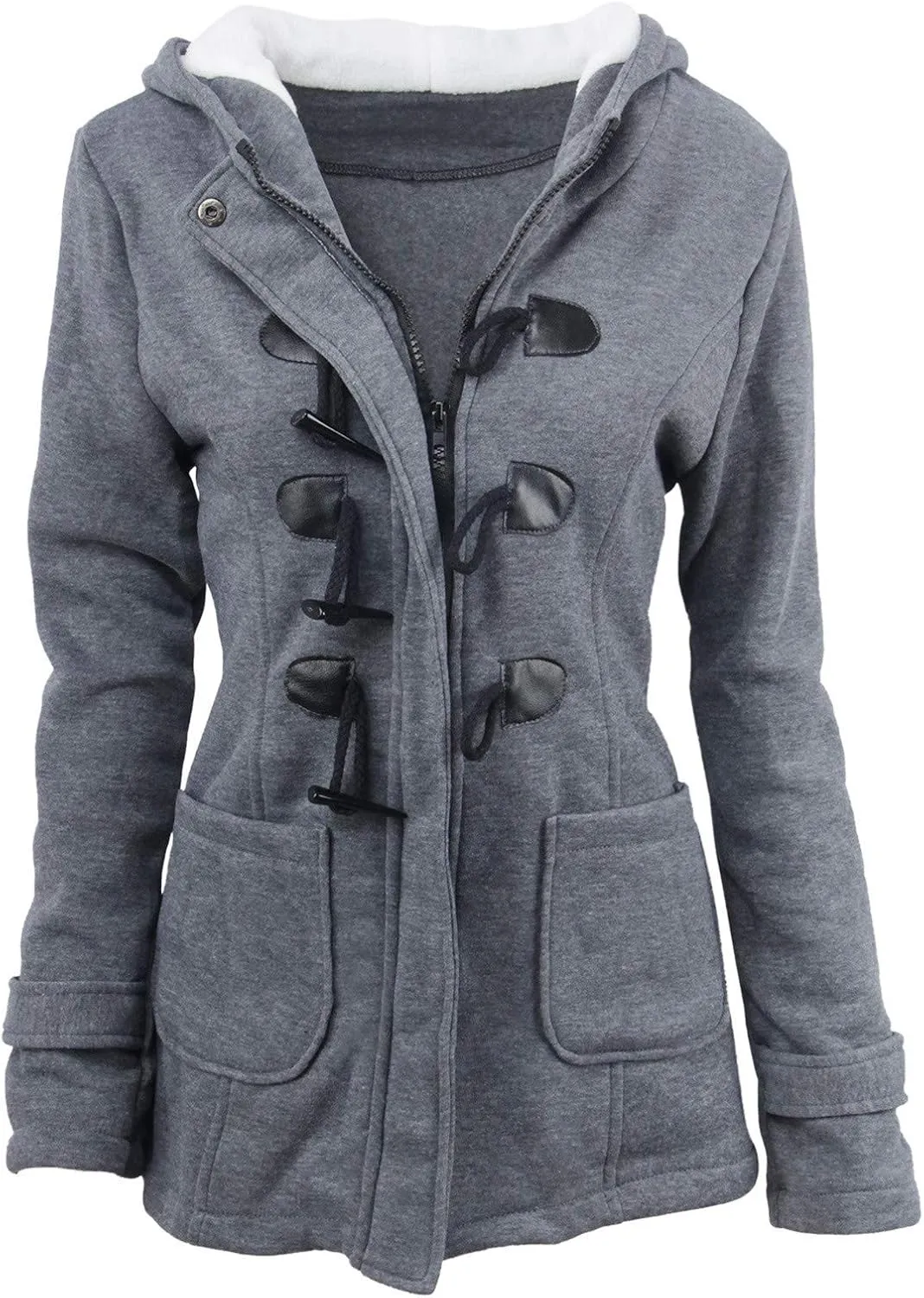 Womens Sherpa Lined Jacket Fashion Horn Button Fleece Thicken Parka Coat with Hood Winter Outdoor Warm Puffer Down