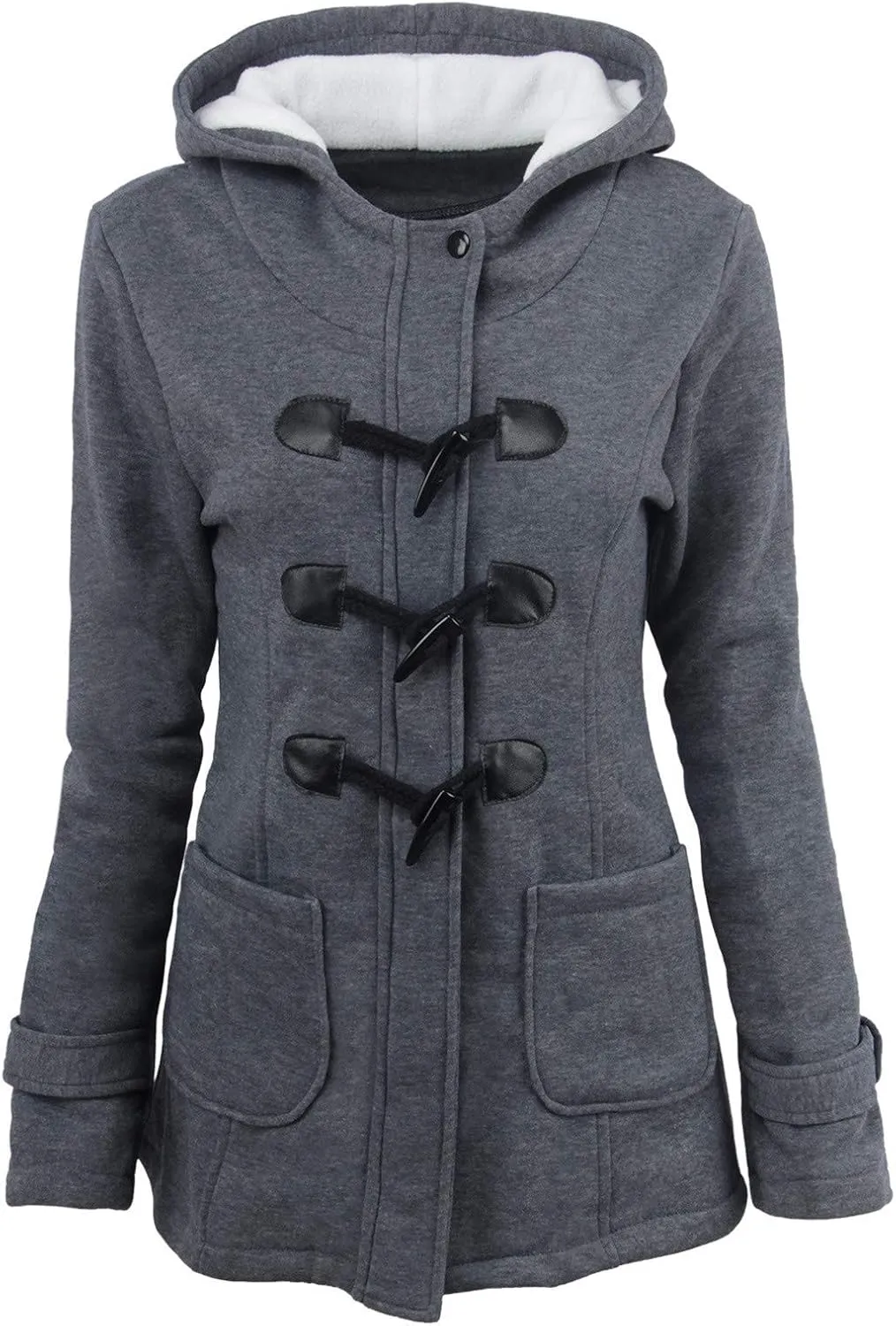 Womens Sherpa Lined Jacket Fashion Horn Button Fleece Thicken Parka Coat with Hood Winter Outdoor Warm Puffer Down