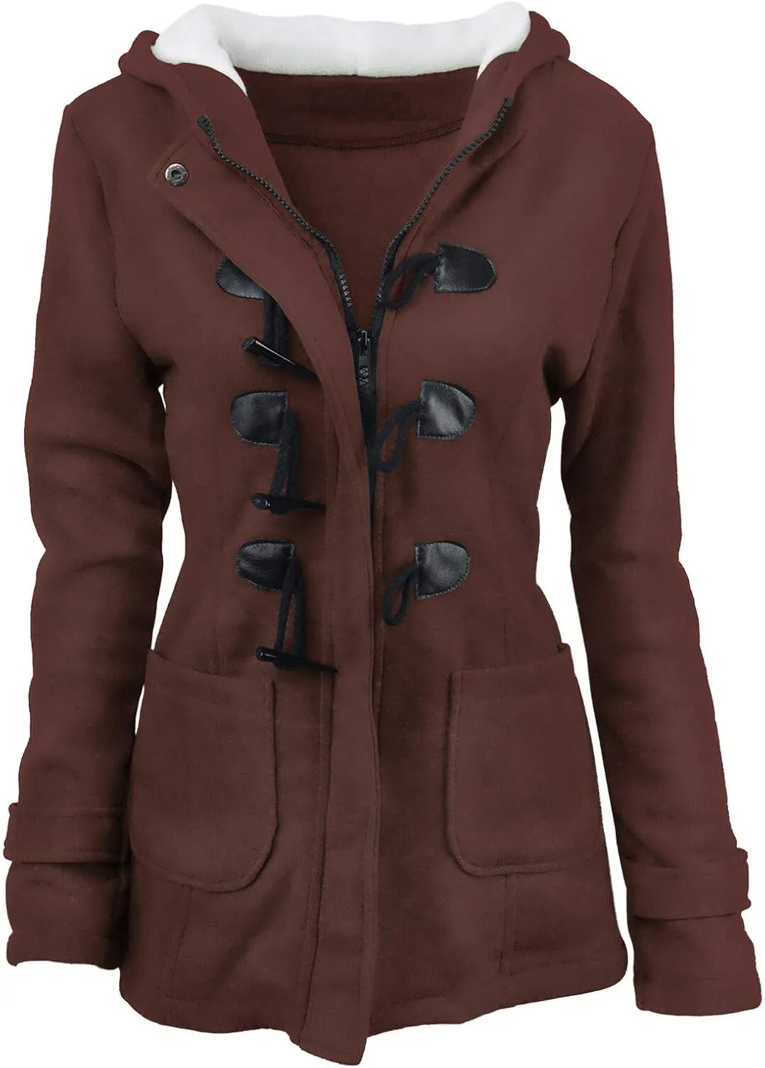Womens Sherpa Lined Jacket Fashion Horn Button Fleece Thicken Parka Coat with Hood Winter Outdoor Warm Puffer Down