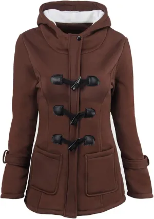 Womens Sherpa Lined Jacket Fashion Horn Button Fleece Thicken Parka Coat with Hood Winter Outdoor Warm Puffer Down