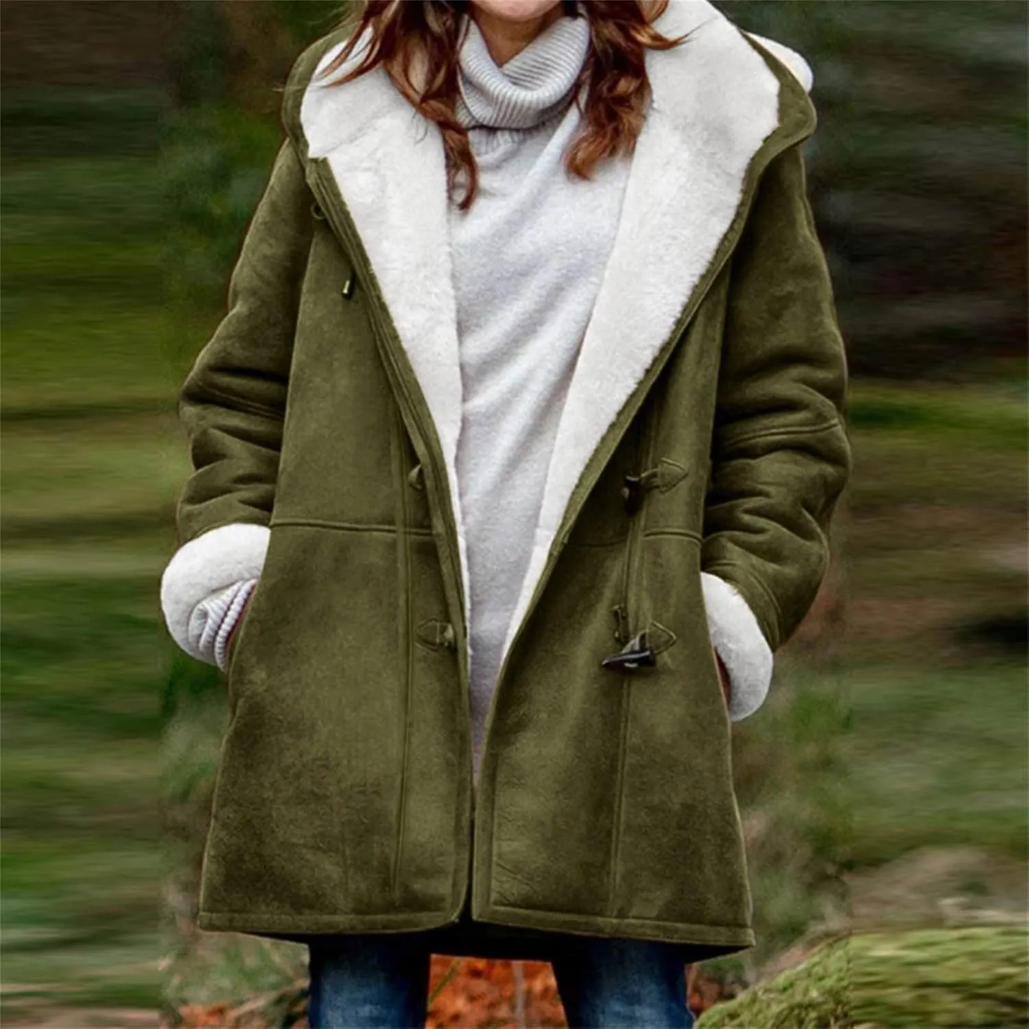 Womens Suede Jacket Plus Size Winter Warm Shaggy Fleece Lined Faux Suede Coat Button Hooded Sherpa Winter Coat