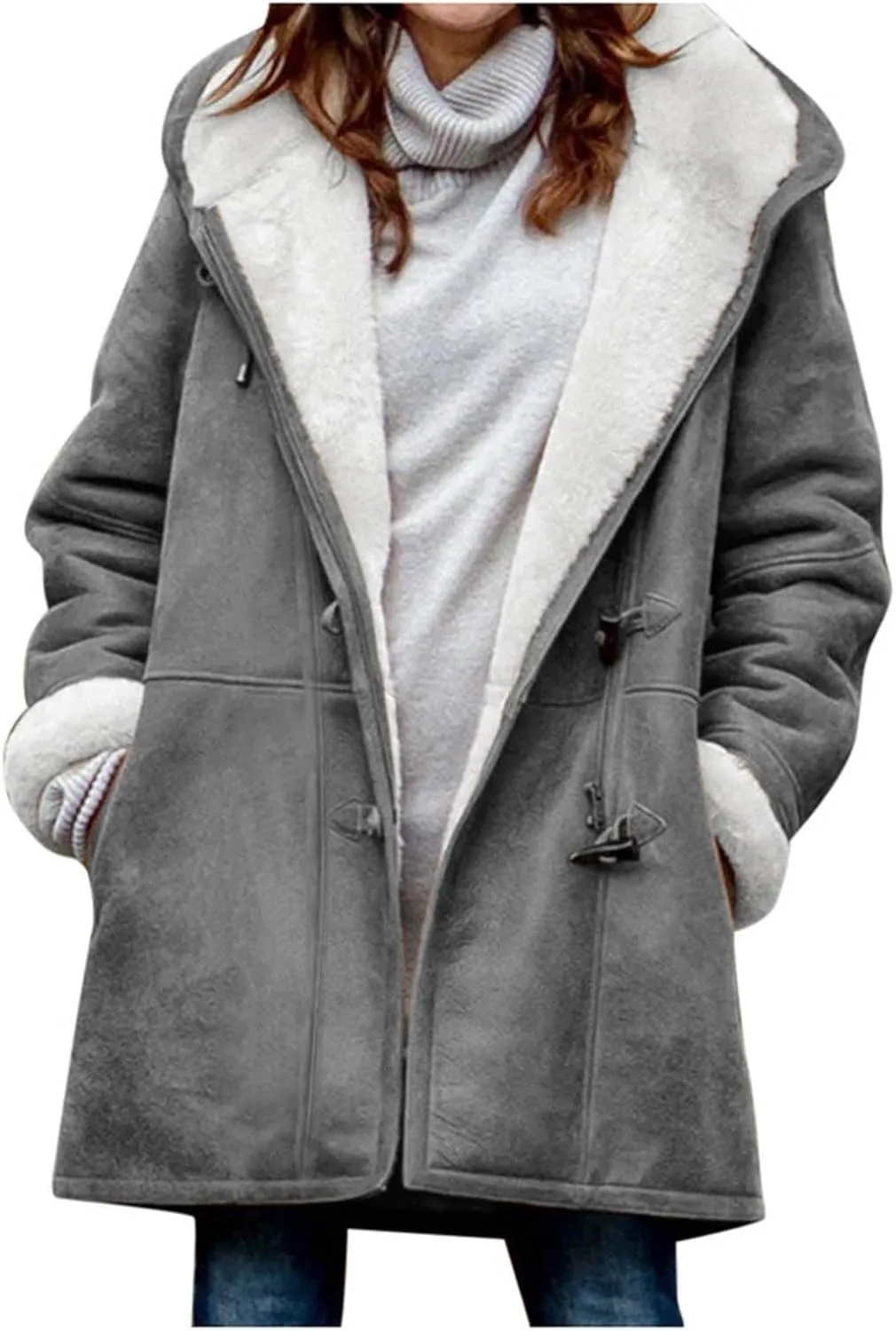 Womens Suede Jacket Plus Size Winter Warm Shaggy Fleece Lined Faux Suede Coat Button Hooded Sherpa Winter Coat