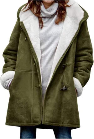 Womens Suede Jacket Plus Size Winter Warm Shaggy Fleece Lined Faux Suede Coat Button Hooded Sherpa Winter Coat