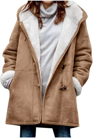 Womens Suede Jacket Plus Size Winter Warm Shaggy Fleece Lined Faux Suede Coat Button Hooded Sherpa Winter Coat