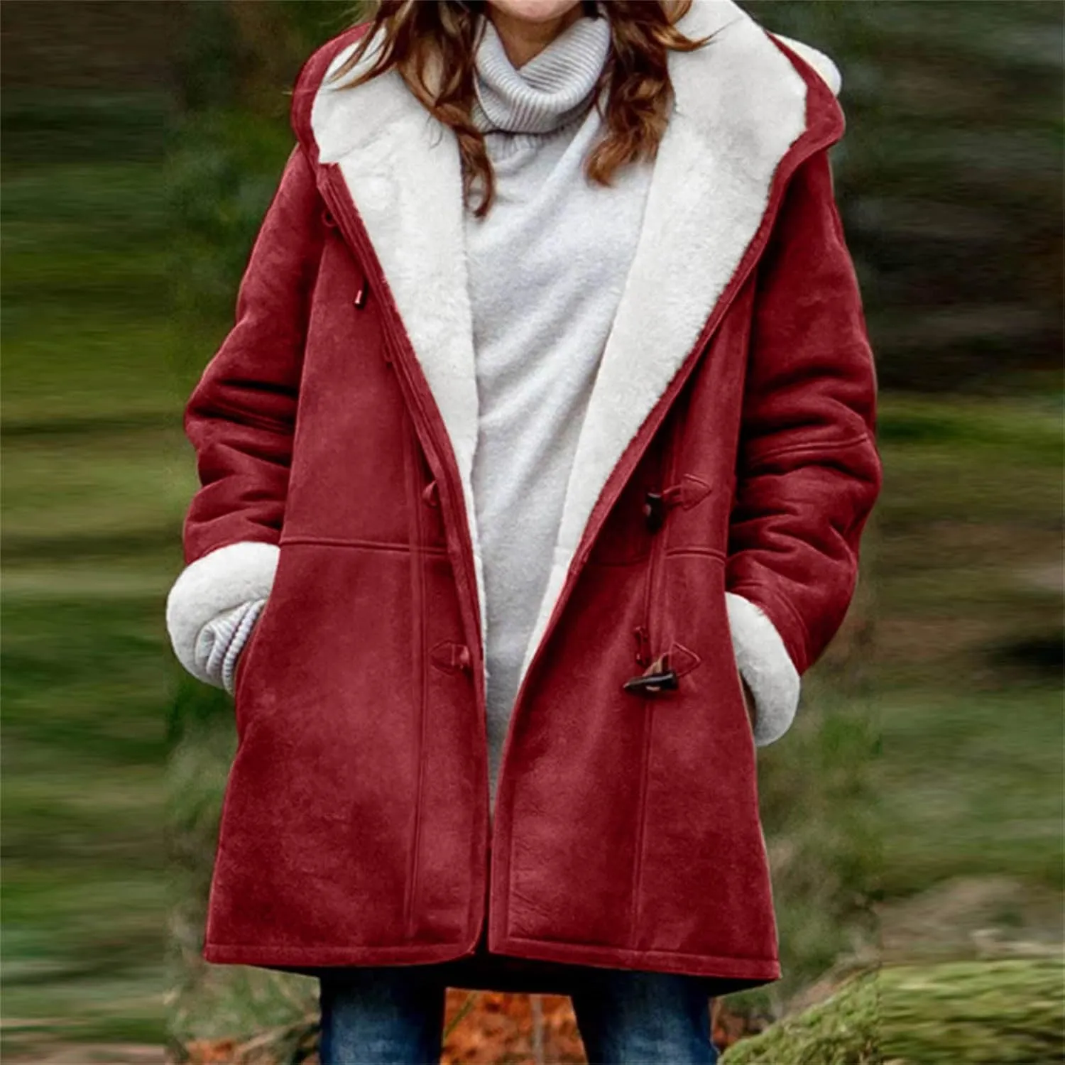 Womens Suede Jacket Plus Size Winter Warm Shaggy Fleece Lined Faux Suede Coat Button Hooded Sherpa Winter Coat