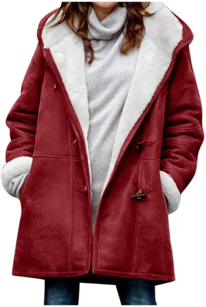 Womens Suede Jacket Plus Size Winter Warm Shaggy Fleece Lined Faux Suede Coat Button Hooded Sherpa Winter Coat