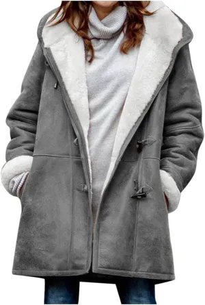 Womens Suede Jacket Plus Size Winter Warm Shaggy Fleece Lined Faux Suede Coat Button Hooded Sherpa Winter Coat