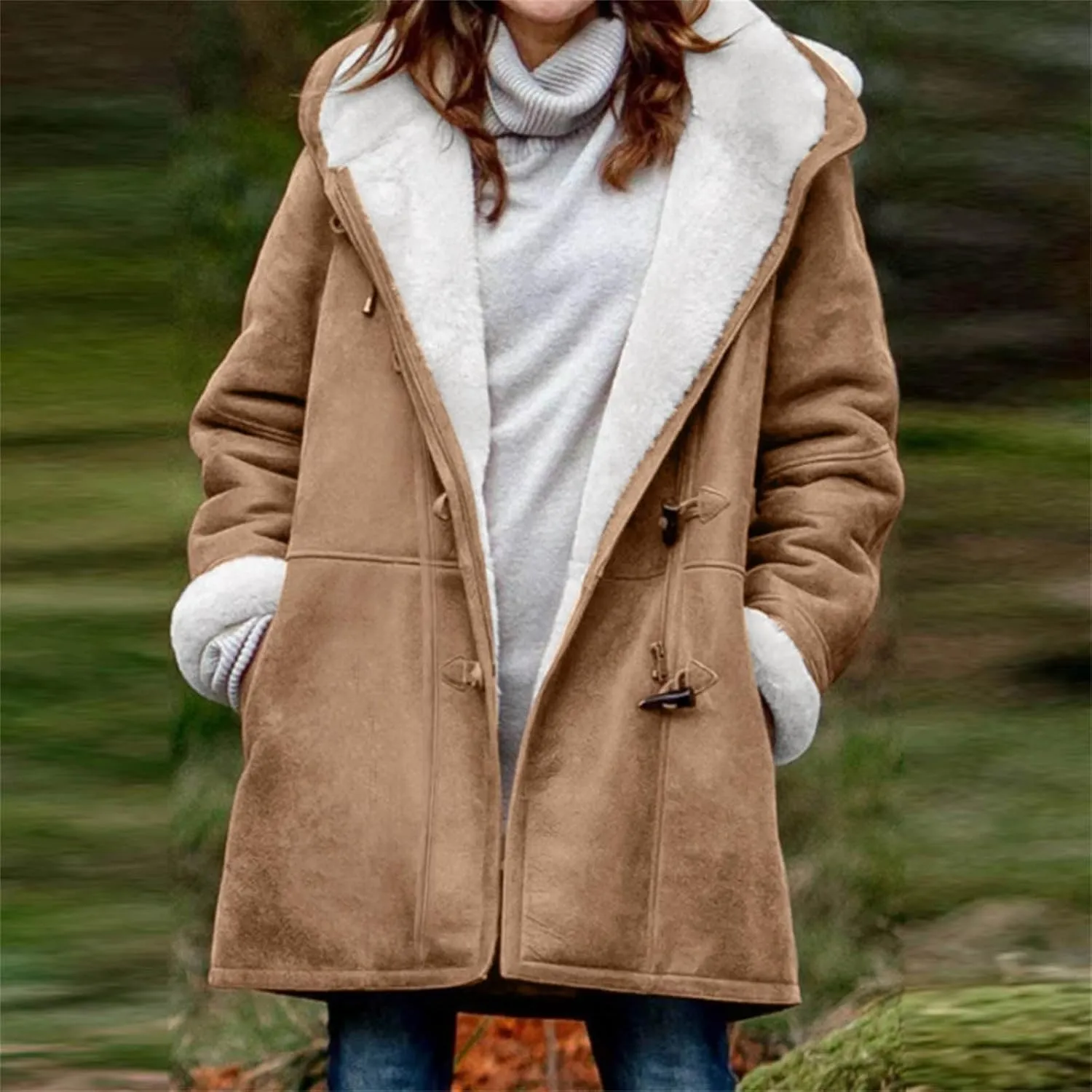 Womens Suede Jacket Plus Size Winter Warm Shaggy Fleece Lined Faux Suede Coat Button Hooded Sherpa Winter Coat