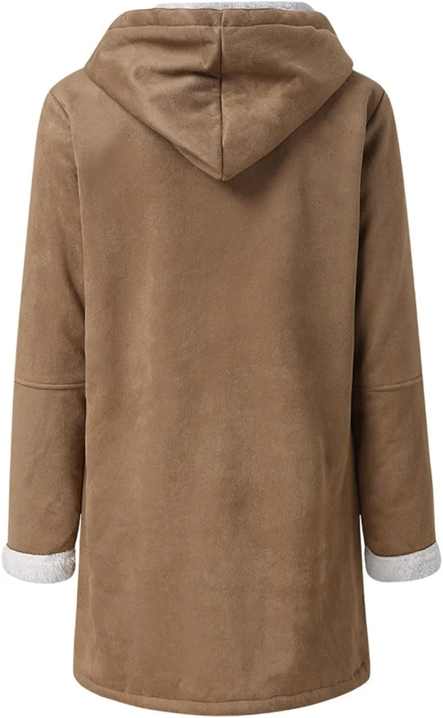 Womens Suede Jacket Plus Size Winter Warm Shaggy Fleece Lined Faux Suede Coat Button Hooded Sherpa Winter Coat