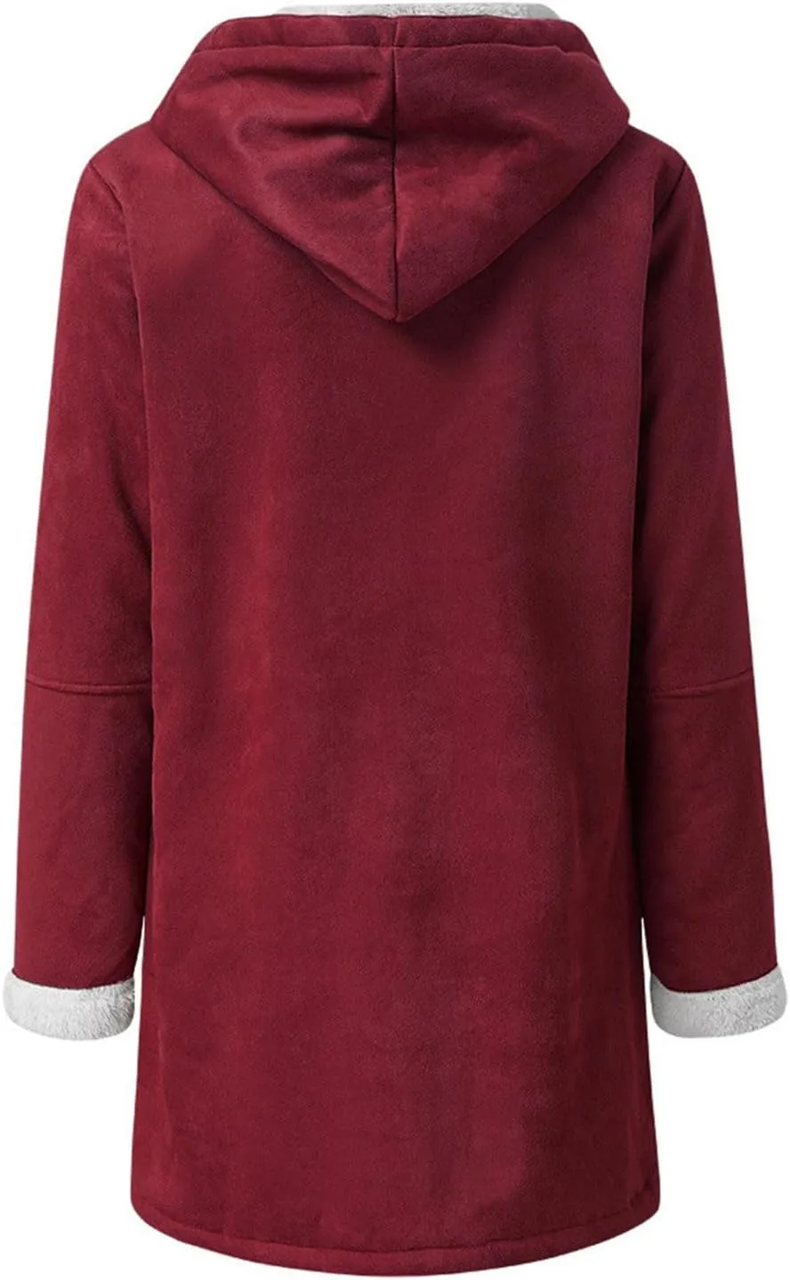 Womens Suede Jacket Plus Size Winter Warm Shaggy Fleece Lined Faux Suede Coat Button Hooded Sherpa Winter Coat