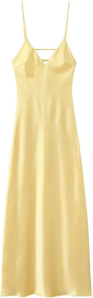 Women's Summer Elegant Satin Textured Midi Dress Sexy Backless Silky Suspender Party Evening Wear