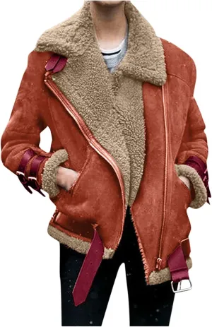 Women's Teddy Coat Casual Short Lambswool Biker Jacket Coat, S-XL