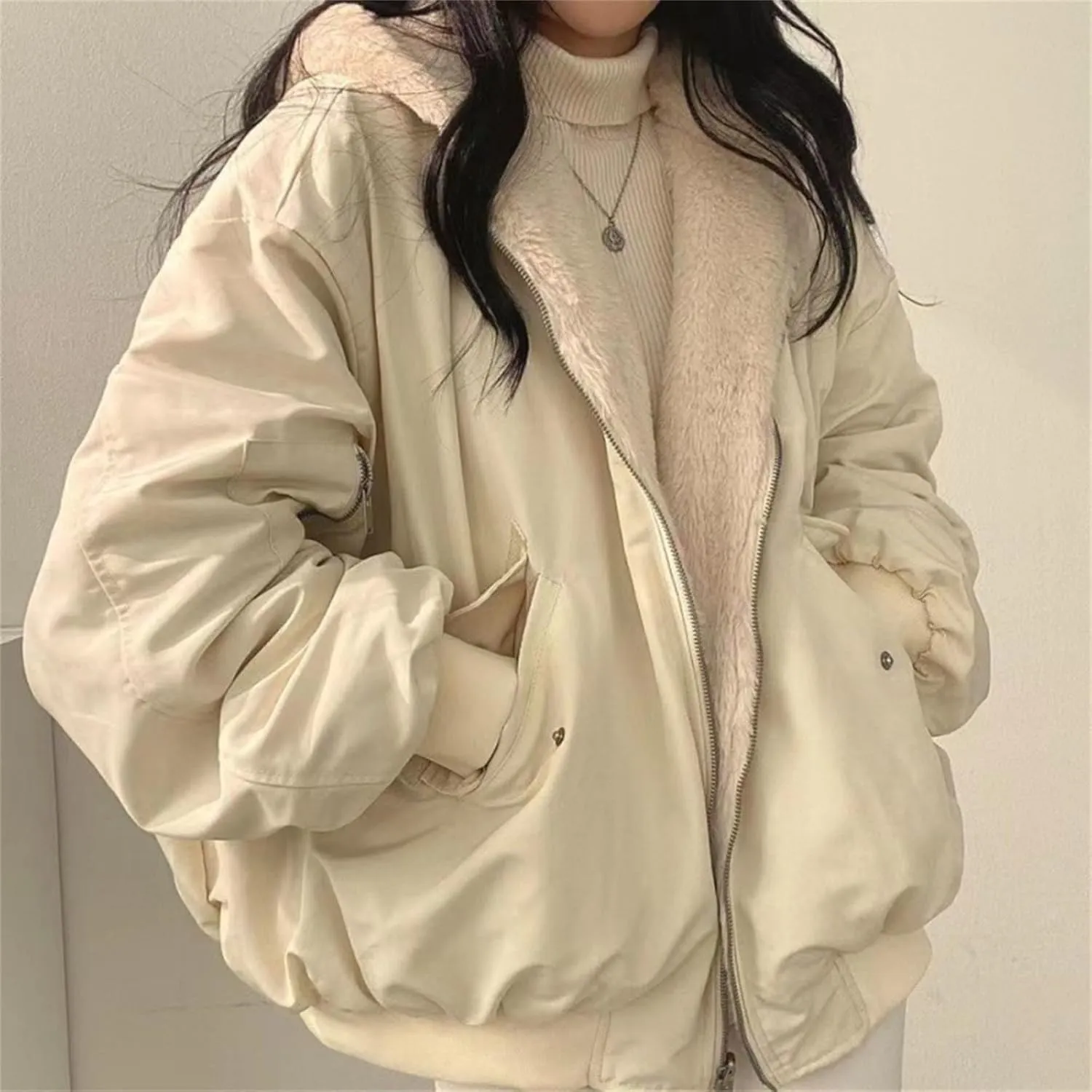 Women's Thick Padded Coat Loose Casual Solid Color Winter Warm Fleece Lined Hooded Long Sleeve Outwear, S-XL
