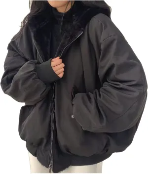 Women's Thick Padded Coat Loose Casual Solid Color Winter Warm Fleece Lined Hooded Long Sleeve Outwear, S-XL