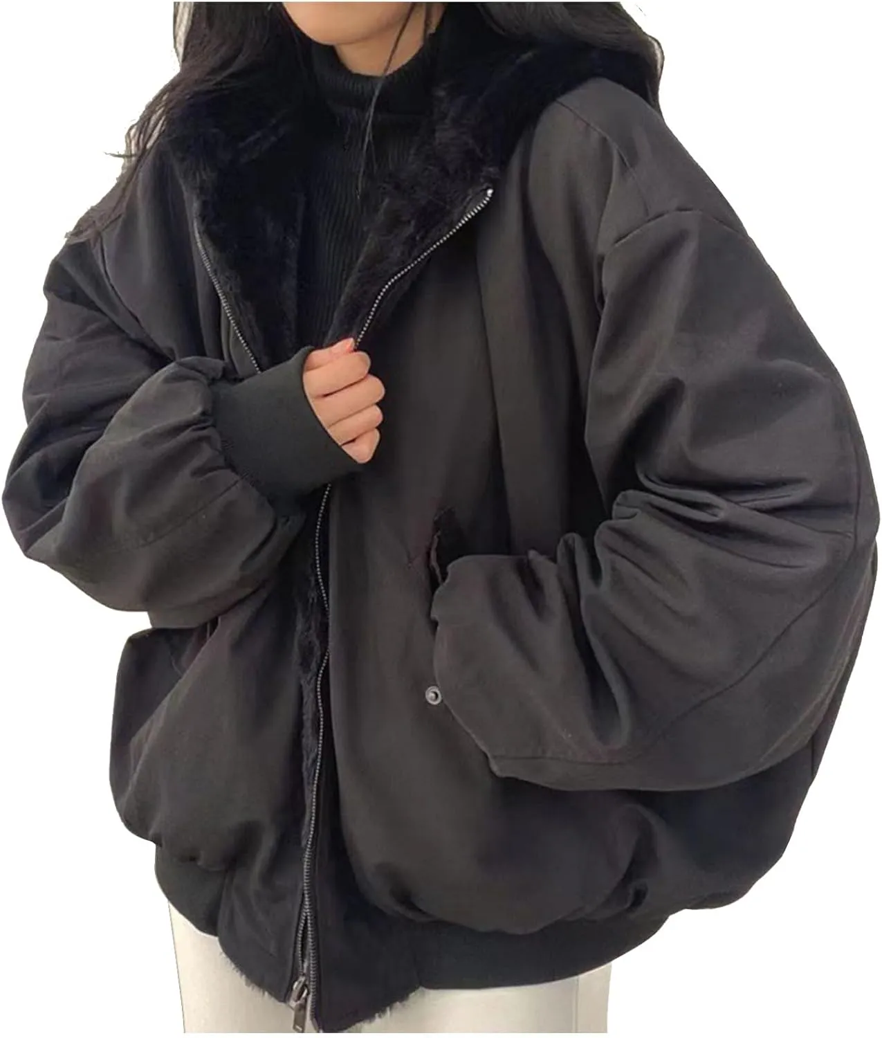 Women's Thick Padded Coat Loose Casual Solid Color Winter Warm Fleece Lined Hooded Long Sleeve Outwear, S-XL