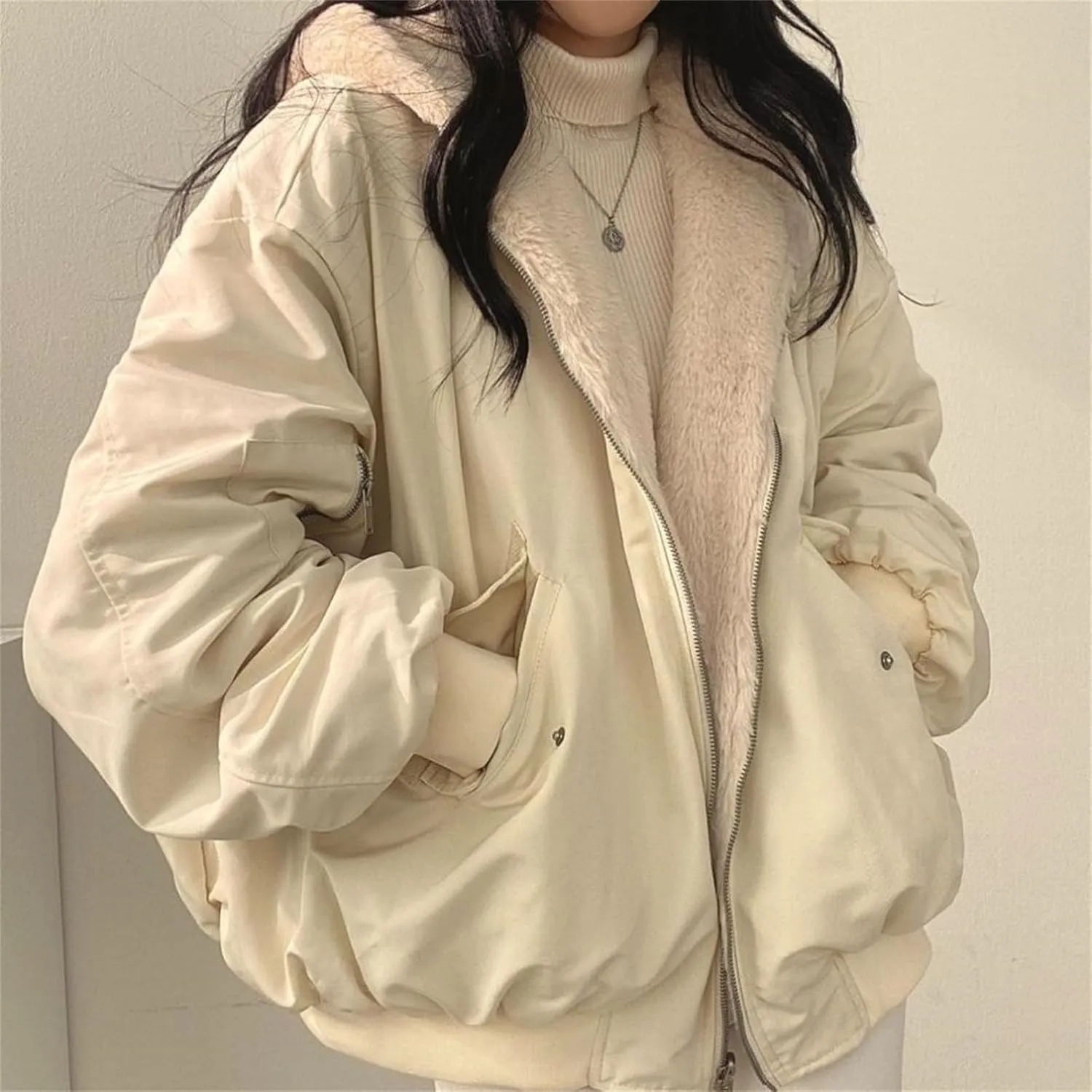 Women's Thick Padded Coat Loose Casual Solid Color Winter Warm Fleece Lined Hooded Long Sleeve Outwear, S-XL