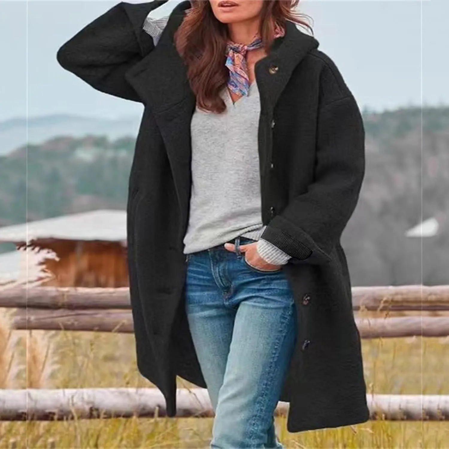 Women's Thicken Wool Blend Oversized Hoodeed Trench Coats Stand Collar Single Breasted Pea Coat Plus Size Overcoat