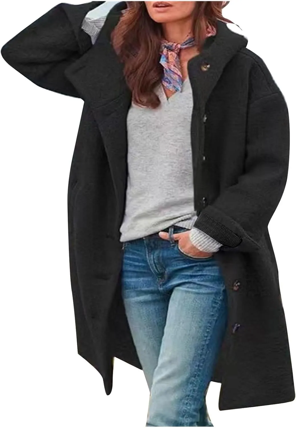 Women's Thicken Wool Blend Oversized Hoodeed Trench Coats Stand Collar Single Breasted Pea Coat Plus Size Overcoat