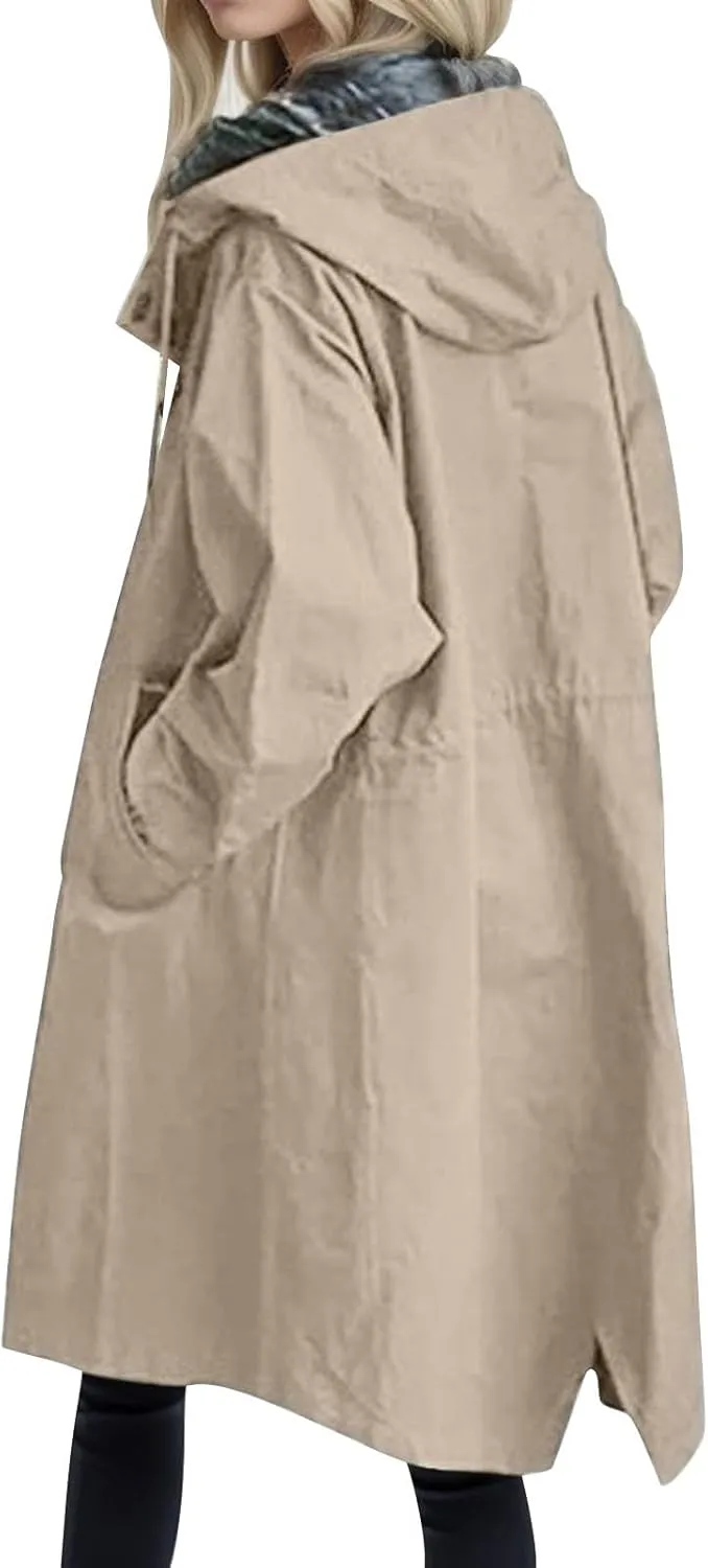 Women's Trench Jackets Plus Size Casual Long Rain Coat Fashion Winter Hooded Outwear Oversized Windbreaker with Button