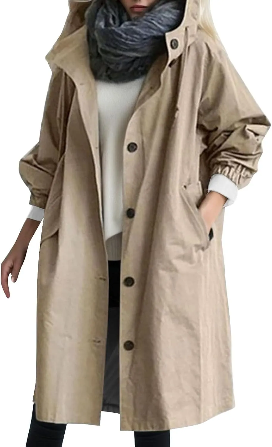 Women's Trench Jackets Plus Size Casual Long Rain Coat Fashion Winter Hooded Outwear Oversized Windbreaker with Button