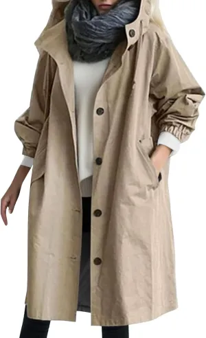 Women's Trench Jackets Plus Size Casual Long Rain Coat Fashion Winter Hooded Outwear Oversized Windbreaker with Button
