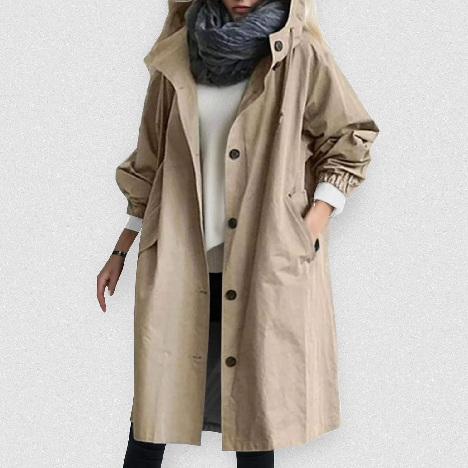 Women's Trench Jackets Plus Size Casual Long Rain Coat Fashion Winter Hooded Outwear Oversized Windbreaker with Button