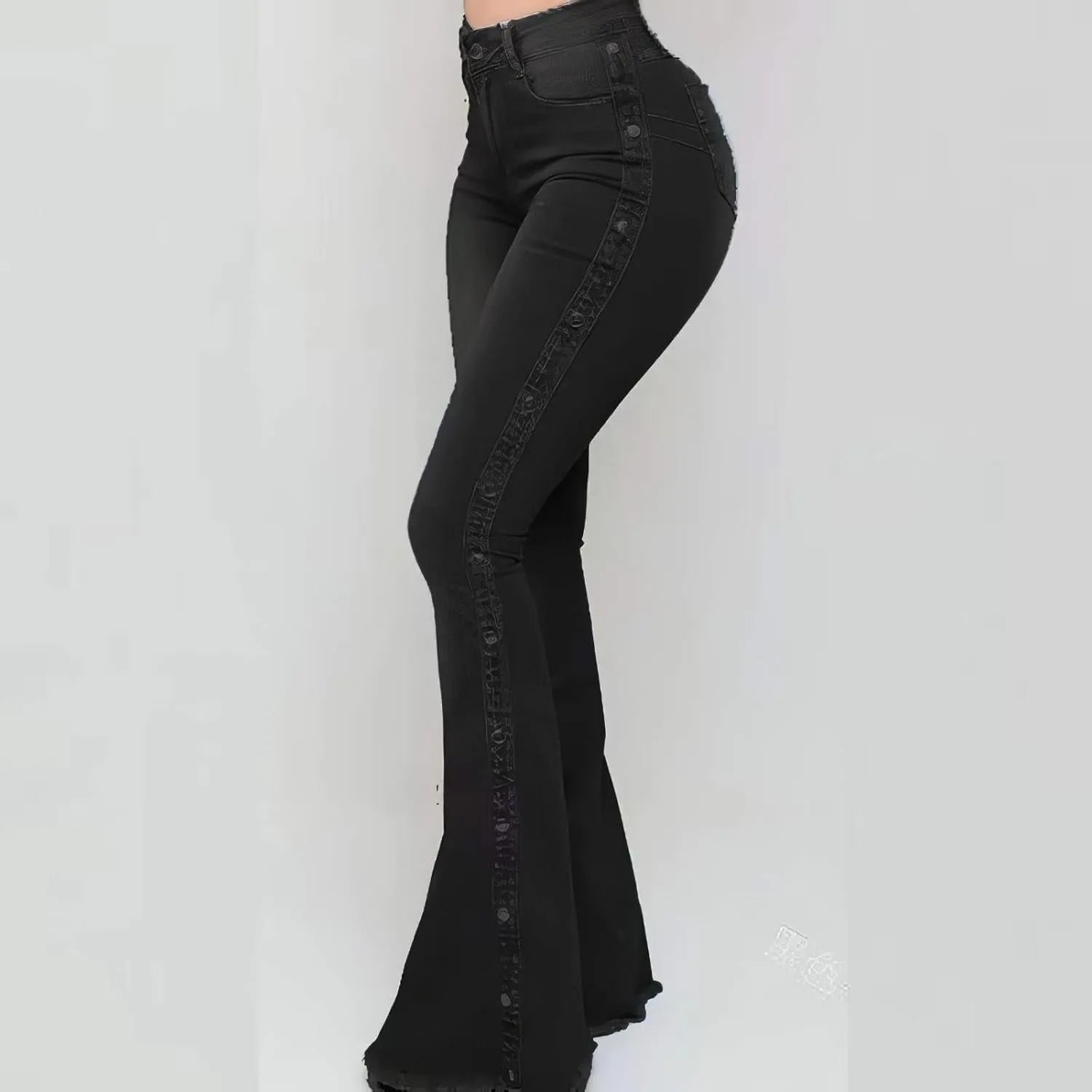 Women's Vintage Rivet Bell Bottom Jeans Stretch High Waisted Flare Jeans Casual Raw Hem Skinny Denim Pants