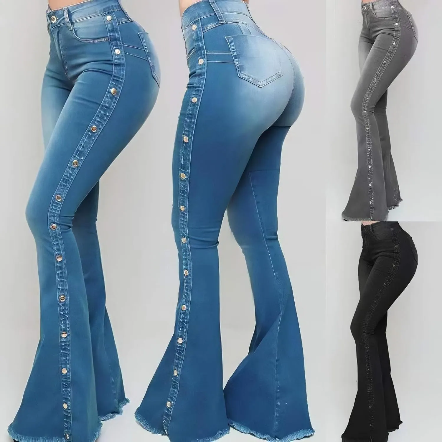 Women's Vintage Rivet Bell Bottom Jeans Stretch High Waisted Flare Jeans Casual Raw Hem Skinny Denim Pants