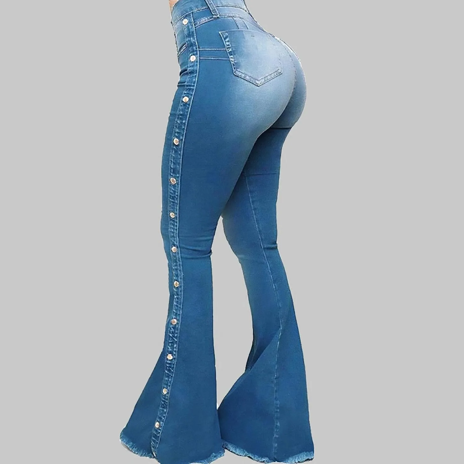 Women's Vintage Rivet Bell Bottom Jeans Stretch High Waisted Flare Jeans Casual Raw Hem Skinny Denim Pants