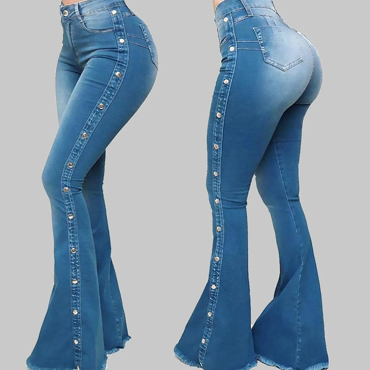 Women's Vintage Rivet Bell Bottom Jeans Stretch High Waisted Flare Jeans Casual Raw Hem Skinny Denim Pants